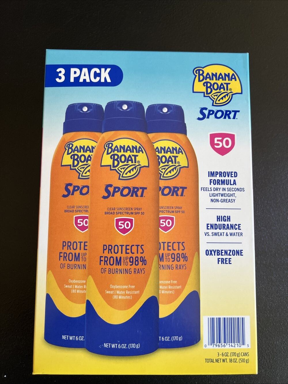 Banana Boat Sport Ultra Clear Sunscreen Spray SPF 50+ 6 Ounce Box of 3 Exp 9/28